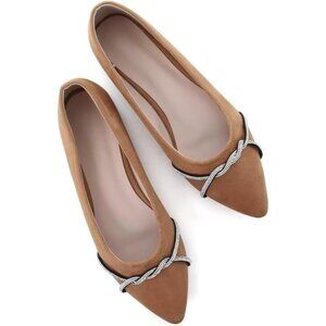 Women's Khaki Casual Flats Fashion Chain Pointed Toe Ballet Flat Rhinestone
